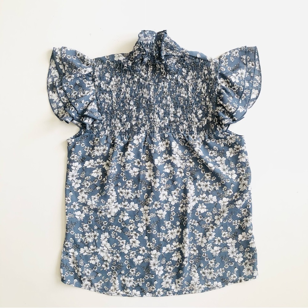 Lulus Floral Blue Mock Neck Blouse Cap Sleeve S